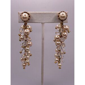 Vintage Miriam Haskell Long Dangle Earrings With Faux Baroque Pearls & Crystals